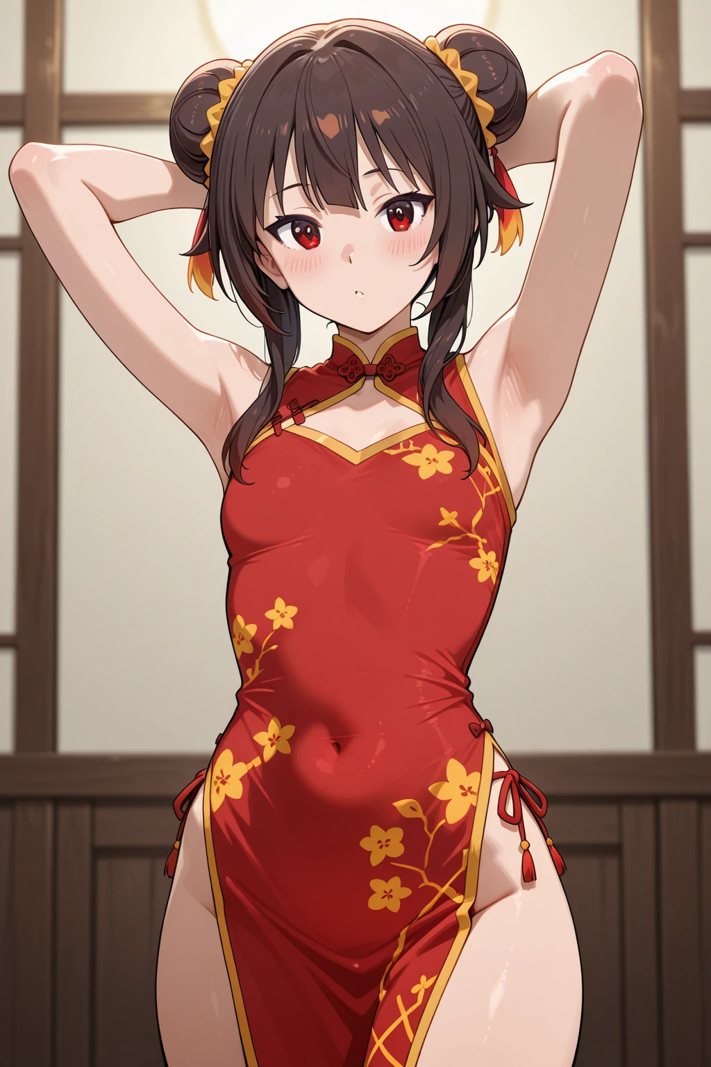 (((professional: Step by step, taking into account even the smallest detail, God-level final result, all intricate details, cowboy shot, solo 1girl view))): "1 fox girl, ruby eyes, fox ears, fox tail, high ponytail, smug, cute, short black china dress, side full body, pelvic curtain, thigh ribbon, (pumps:1), (hugging own leg:1.1), chinese style, indoors, sharp focus, looking at viewer, (intricate:1.3), red light theme, (orange tone:0.7), illustration, random angle, see body, nude ",+18,nsfw