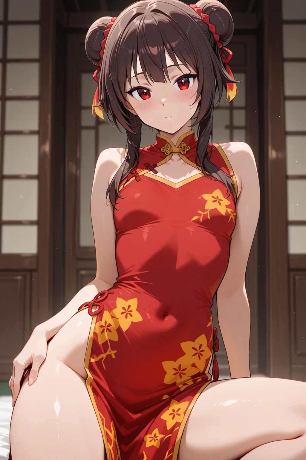 (((1man and 1woman,POV,having sex))),standing sex,(Perfect Anatomy:1.2,top-quality、The ultra -The high-definition、hight resolution、extremely details CG、8K Unit Wallpapers),cowboy shot,portrait,1woman,solo,20 year old beauty,Japanese,((Beautiful detailed eyes)),brown eyes,shy、tears,brown hair,long hair,bangs,(sweat),standing,spread legs:1.5,arms behind back,((red cheongsam、sleeveless、vagina,bottomless,love juice,)),、kung fu dojo、natural sunlight、