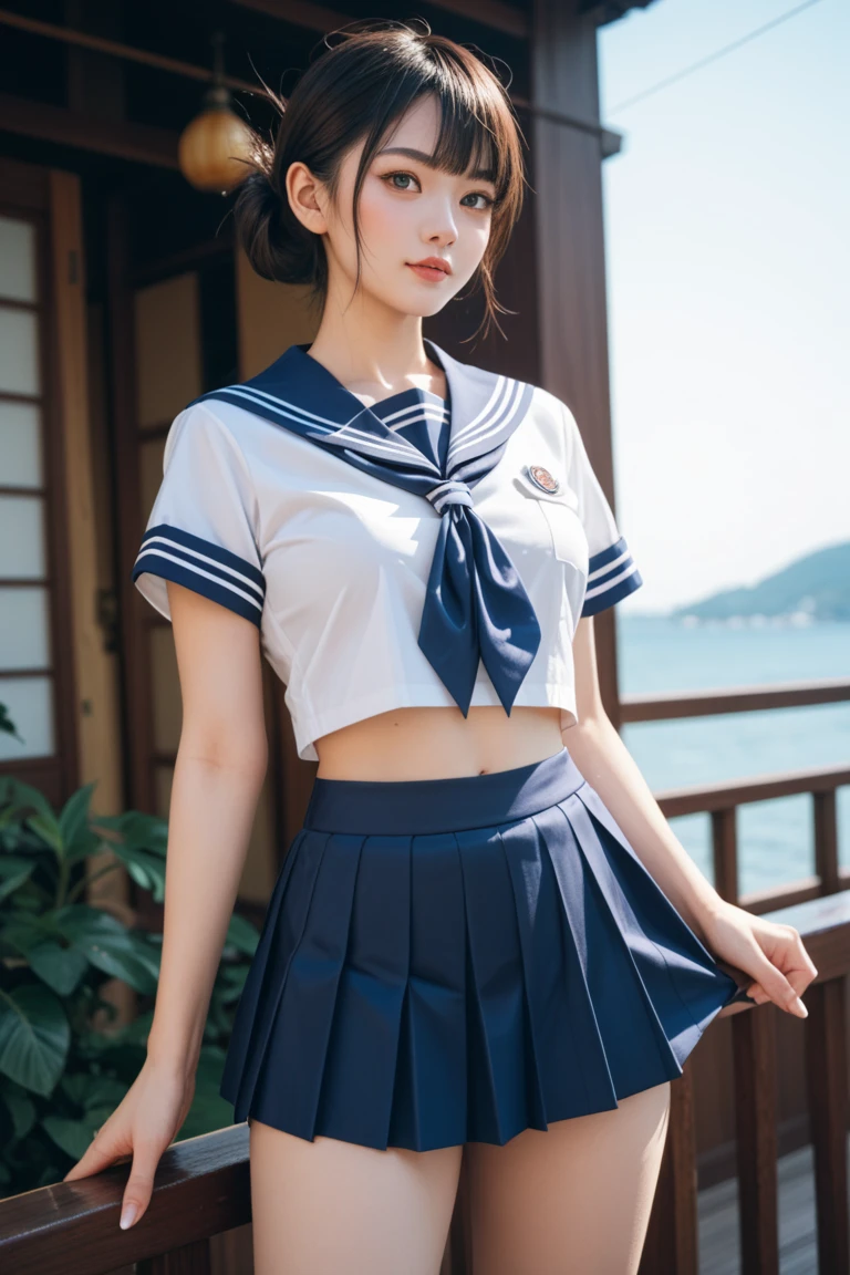 (best quality, 8k, 32k, masterpiece, UHD:1.2), (RAW photo), (realistic), (photorealistic:1.2), (high resolution), huge filesize, ultra-detailed, extremely beautiful face & eyes, 1girl, japanese elementary school student,14yo, 13yo, 12yo, round small face, baby face, thin waist, beautiful belly skin, large breasts, slim proportions, perfect thin thighs, small butt, (darkblue pleated mini skirt, japanese sailor, sailor fuku, serafuku, japanese school sailor suit, sailor red neckerchief), nice hands, perfect hands, accurate hand depiction, sweaty, shy smile, pure white teeth, from below, (blue sky, summer, sun, beach, palm tree, outdoors),