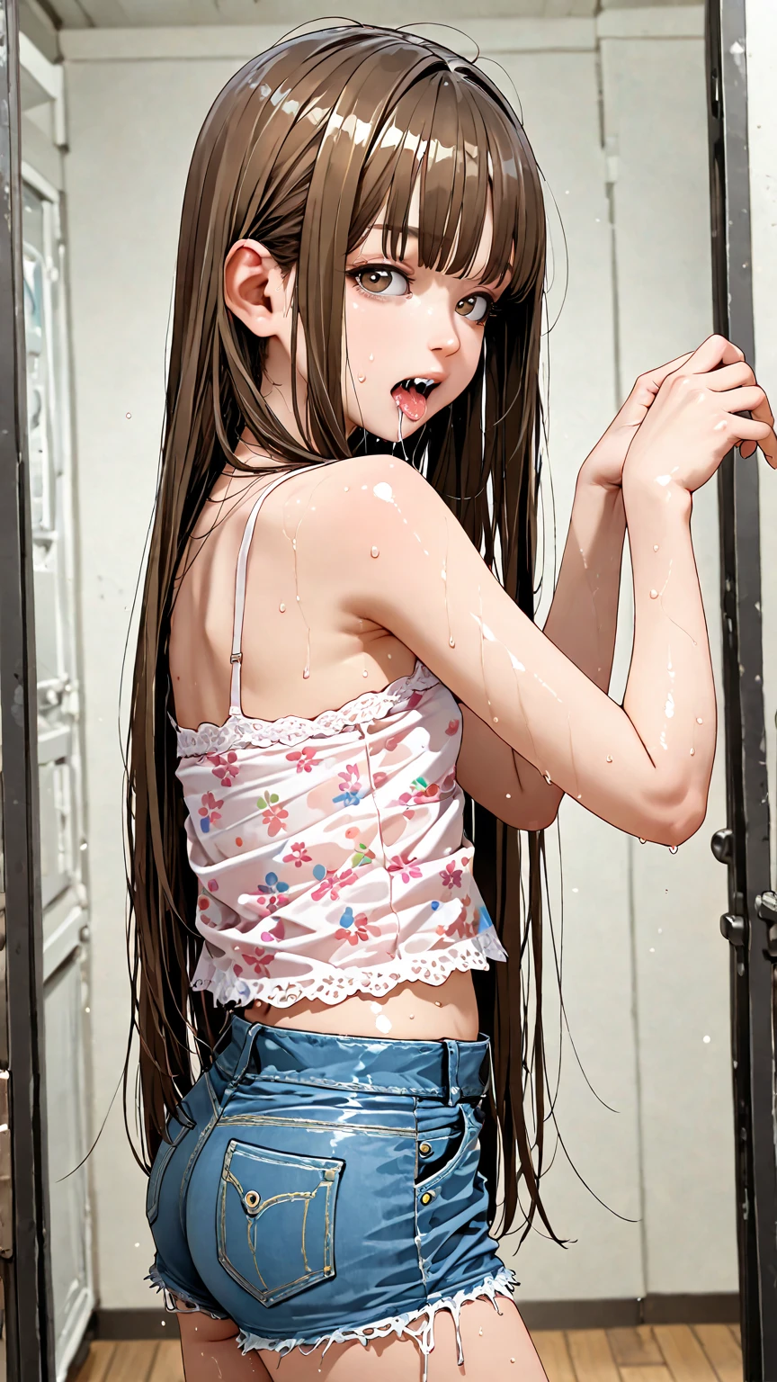 ((masterpiece,Highest quality;1.3,best illustration)),before rape,cowboy shot,1woman、25 year old beauty、独奏,((very small head:1.5)),dark brown hair,long hair,bangs,brown eyes,gorgeous eyes,blush,crying,small breasts,((very long body:1.3)),((toned body,slender body,skinny)),gleaming skin,shiny skin,oily skin,(wet,Torn clothes、Black zip-up hoodie outer jacket、White tight T-shirt、denim micro shorts)、White sneakers、Black rucksack、kneeling,Storage shed、Inside the warehouse、at night、garden,nsfw,