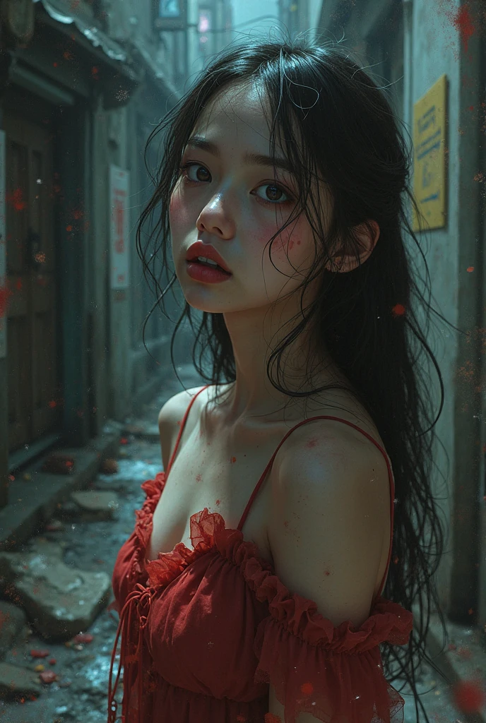White Chinese Hanfu costume, Bloody.,  under a small t-shirt, Blood dripped down, Zombies chasing her, Zombies running after her, ใบหน้าBloody., เลือดบนclothesของเธอ, ตัวเล็กในชุดเสื้อสีขาวBloody., clothesBloody., Torn and dirty mini skirt, กระโปรงสั้นBloody., Blood on her bodyBloody., Blood dripped down, Zombies chasing her, Zombies running after her, ใบหน้าBloody., เลือดบนclothesของเธอ, Blood on her body, arafed ผู้หญิงจีน posing for a picture, beautiful chinese woman, Korean girl, Beautiful Chinese girl, Chinese women, Chinese female fashion model, Look sexy, small breast, long hair, sexy pose, Show your breasts. dark background, dark and rainy street the blurred nighttime, Blurred road in the background, nighttime, dark nighttime, City in Dogs, Dog Road, Rubble, smoke, destructionCity in Dogs, Dog Road, Rubble, smoke, destruction, rainy nighttime, shadow, dark alley, dawn, คติZombies, นักฆ่าZombies, Zombies, Not dead, Crowd of Zombies, monster, Film style: Local evil. (perfect skin, No blemishes or blemishes). ((best quality, 8ก, Masterpiece: 1.3)), Point of interest: 1.2, perfect shape beautiful woman: 1.4, perfect breasts: 1.2, ((Layered haircut, Beautiful breasts: 1.2)), (real clothes textures: 1.1), (A calm gesture holding a sword), clothes: 1.1, Highly detailed facial and skin textures, Detailed eyes, Double eyelids, Bright skin, I'm real., “Imagine a character that radiates an aura of mystery and intrigue.. Her skin looks so realistic that every texture and shade stands out from the image., สะท้อนแสงและshadowได้อย่างลงตัว. The skin should show a subtle color., from the warm tones of natural blush to the cool shadow under the eyes, Captures the intricate and beautiful details of human skin in full detail.. (Dark style with horror, Zombie Apocalypse style movie effects).