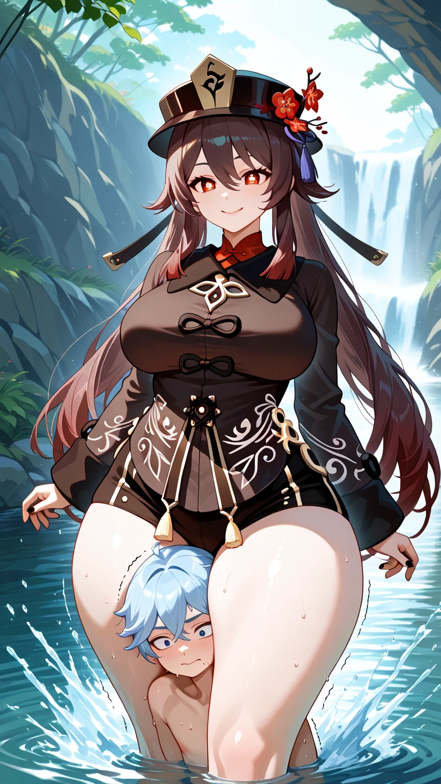 ((Best Quality)), ((Masterpiece)), Pitch Resuit, Puffy Nipple, See-through, Full Body, Squatting, Eyes Are Heart, Big, Angle from Below, Liquid