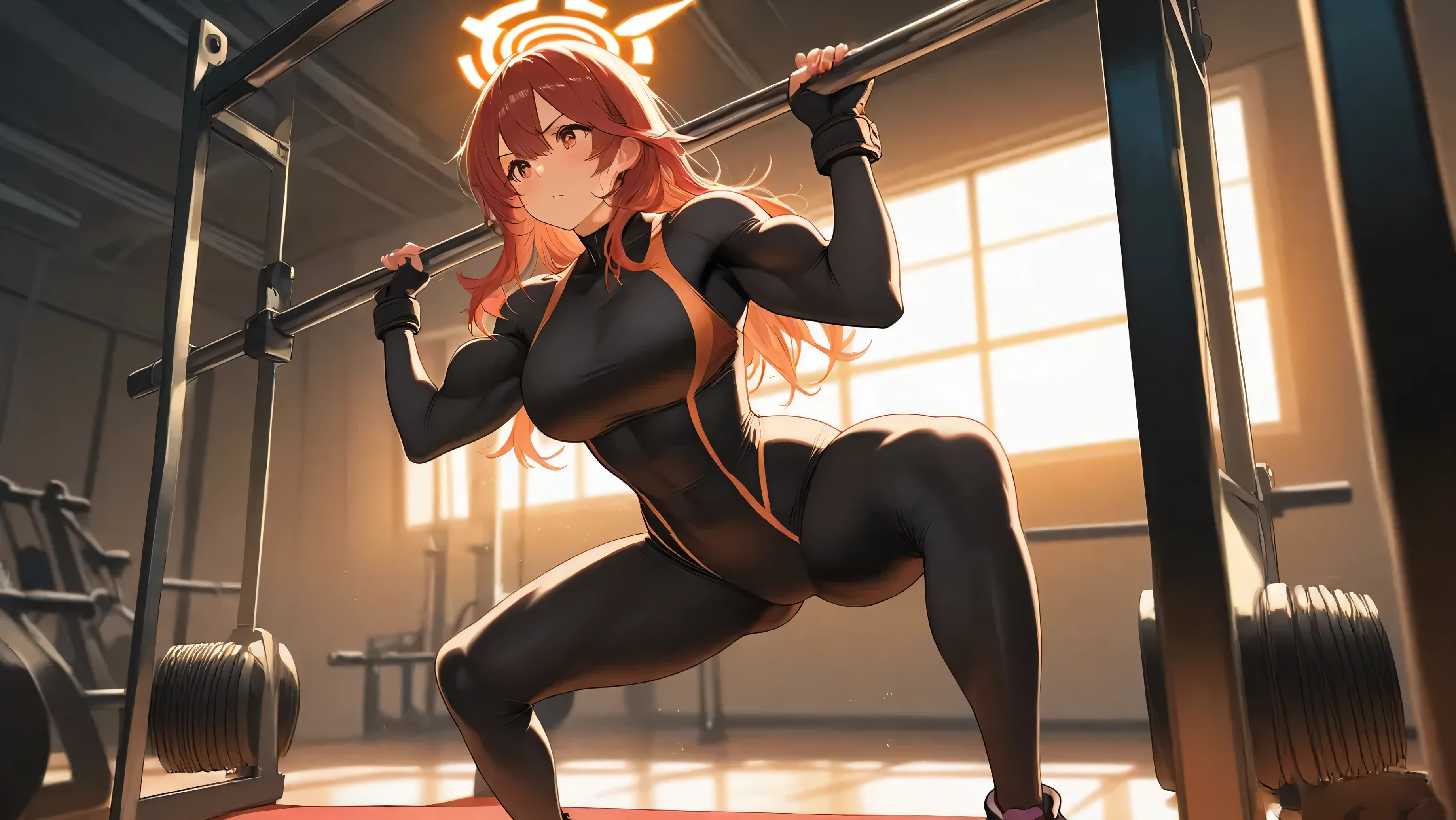 high quality, detailed image, Anime style, woman, arrogant smile, Long red hair, in an orange bra, in black tight shorts, wearing UFC gloves, in knee-high boots, stands absolutely alone in the gym, holding her hands at face level in defense