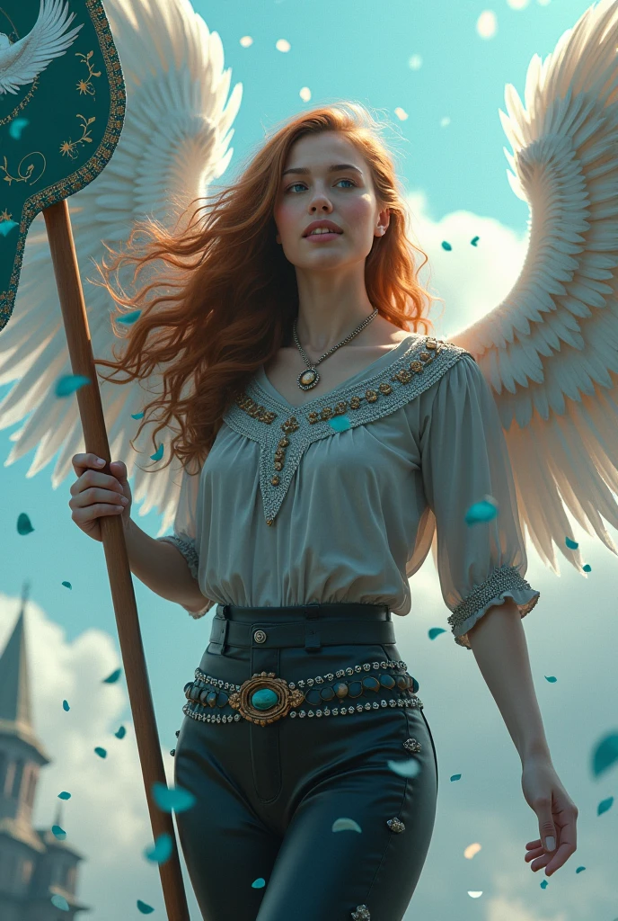 ((solo, three-quarters perspective, masterpiece, chest level shot, standing, (anthro), facing viewer, stoic expression, high resolution, 4K)), male, adult, ((hawk-face, detailed feathers, fully feathered body, extremely detailed, slender build, three-tone feathers, large feathered wings, black and brown and white feathered body)), gold eyes, high contrast, dynamic composition, grassland background, daylight, wispy clouds, ((leather satchel, white medieval shirt, short purple cape))