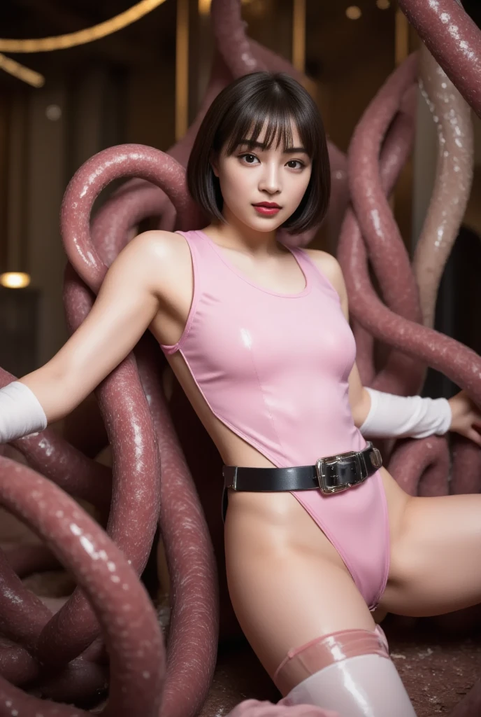 in 8K、超A high resolution、Best Quality、masutepiece)、dinner、((((A woman wearing pink tights all over her body lying on a platter))))、Women wear pig ears on their heads:1.5、Shorthair、rather thick body shape、((((Several men are eating around a woman.)))).、