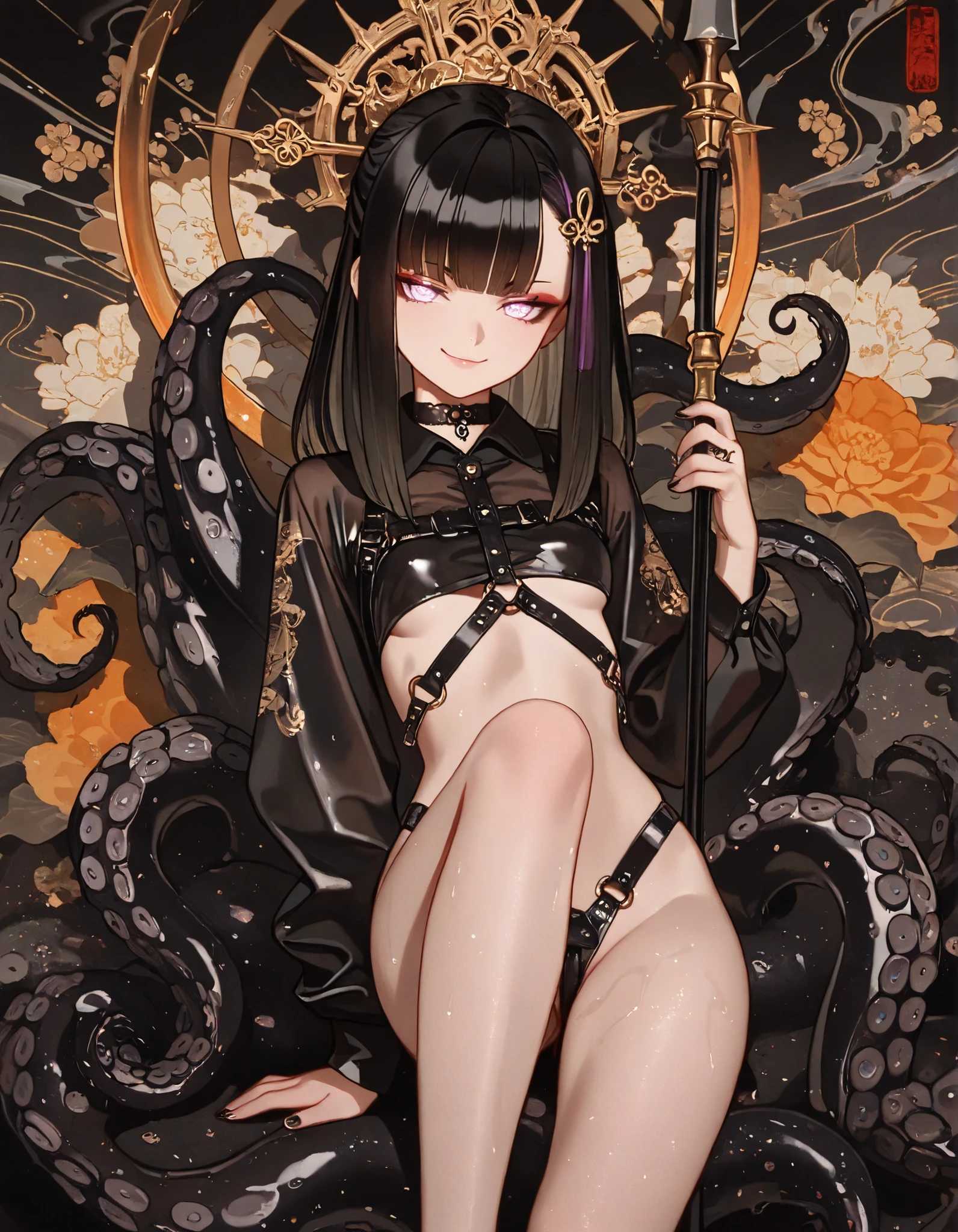 (masterpiece) ,1 girl,Beauty, hentai, Hu Tao, tentacles penetrate deep into a girl's pussy and fill her with sperm, bloated belly, euphoria, Mongo sperm in bevushka, x-ray, pregnant belly, (nsfw)