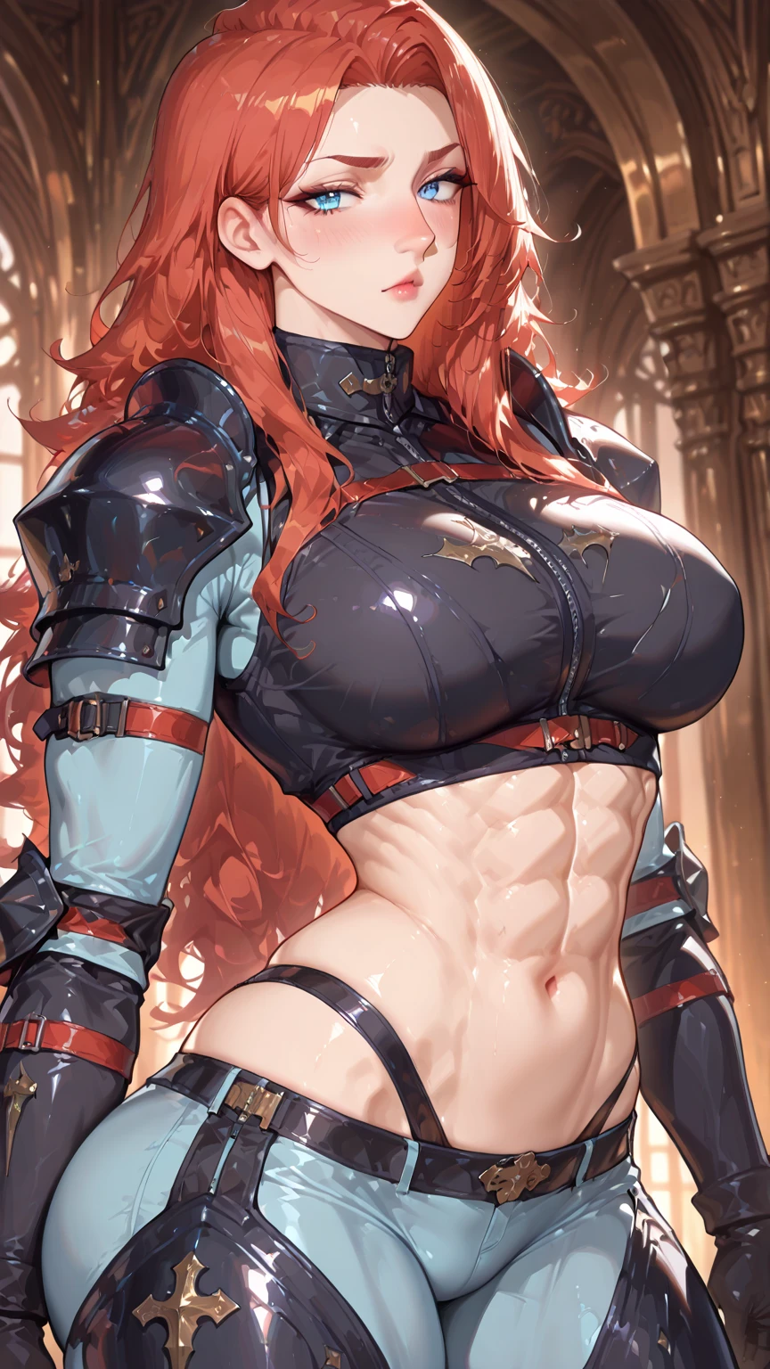 mature women,milf,large breast,beautiful face,long hair, shiny hair, green eyes,high detailed,red hair, hair over one eye,masterpiece,cowboy shot,perfect anatomy,cleveage,dynamic pose,leather armour, Sleeveless, open belly, pants, smirk, a sword, brawn,slim muscle body,