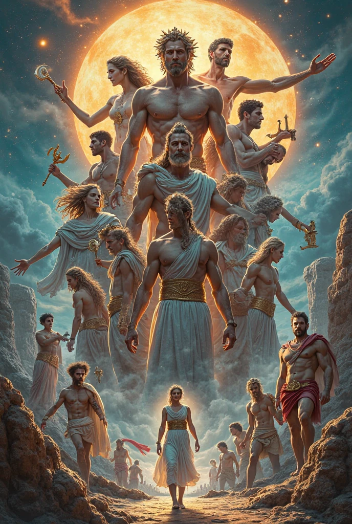 A struggle between the Greek divine trinity with the three princes of hell such as Beelzebub, In addition to the Buddha, the drawing must have human features and not stray from the focus of the drawing, which is the struggles.