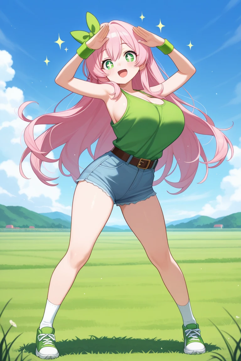 Melhor qualidade, garota de anime, cabelo cor de rosa, cabelo rosa, curvy girl, seios grandes, olhos vermelhos, heart pupils, camiseta branca, shorts vermelho, sorriso sedutor, olhos lindos, thicc, Anime garota, a girl with pink hair and red shorts, ecchi anime style