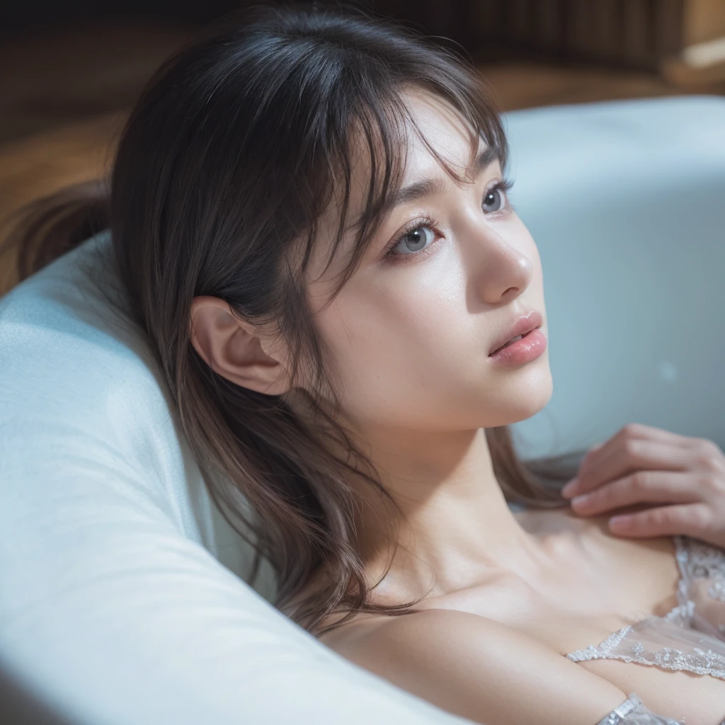 (table top, highest quality:1.2), 8K, official art,on the bed、lie on your back、chest、Elbows on the sides of the face、simultaneous、simultaneous、simultaneous、Feels good、両close your eyes、wrinkles between eyebrows、unfortunate、tears、 cute face、Full body Esbian、、look up、skinny、14 years、small breasts、close your eyes、深いsorrow、sorrow、look up at the sky、open your mouth、shout、 incredibly ridiculous、bob hair