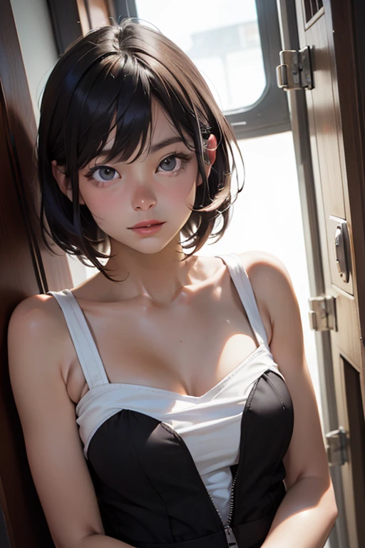 ((sfw: 1.4)), (( extra short hair, sidelocks-hair, 1Girl)),solo,((1)), Ultra High Resolution, (Realistic:1.4), RAW Photo, Best Quality,  (Photorealistic), Focus, Soft Light, ,((Japanese)), (((young face))), (wearing  white tanktop:1.5),((hot denim pants)),(surface), (depth of field), masterpiece, (realistic), , bangs,,(face close up:0.8)