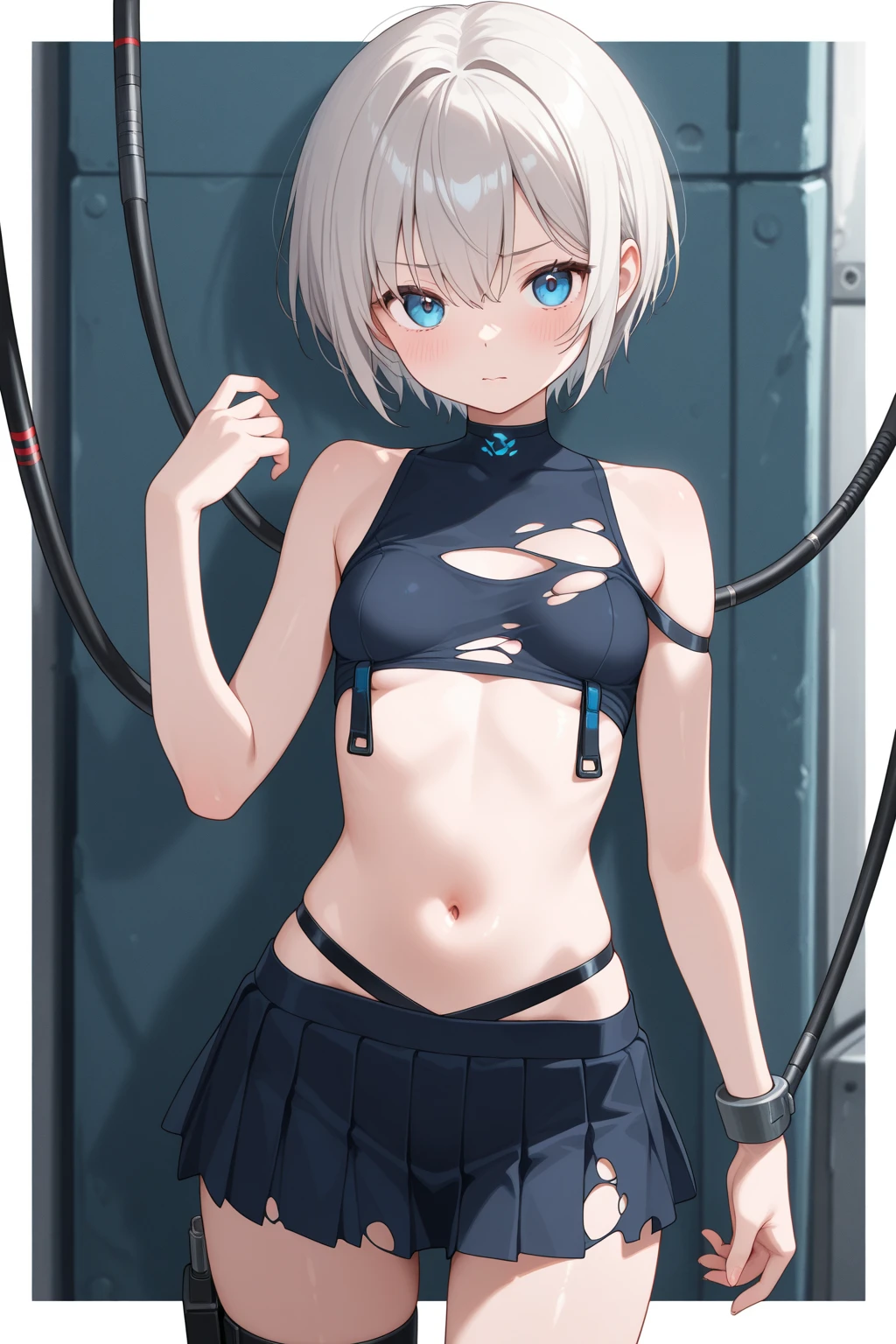 Best Quality, Masterpiece, High Resolution, 1Girl, Bound Arms, Bound Legs, Boundage, BDSM, Split Legs, Fear, Slender, Collarbone, Groin, Small Pupils, White Hair, Gray Eyes