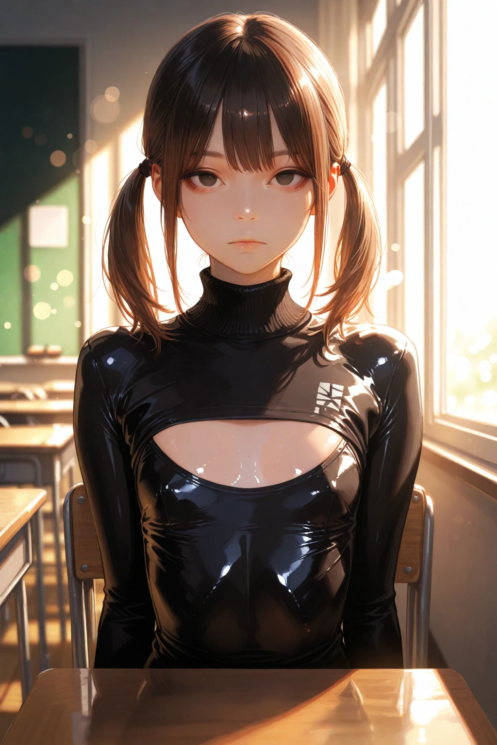 best quality,、high quality,masterpiece,detailed, high resolution,、、nsfw,1girl、sister、woman、blunt bangs bob cut,nude、seductive upset, blush,ecstasy, mouth drool,embarrassed,looking away、((big tites:1.4))、(outside boob)、large tites,puffy nipple, tanlines,detailed skin, see-through(sleeveless turtleneck highleg competition swimsuit:1.4),、from side、from below、dynamic from below angle、((school desk:1.4))、spread legs、(Show pussy:1.3),(cum in pussy:1.3)、(masturbation vibrator:1.4)、、hand on own pussy