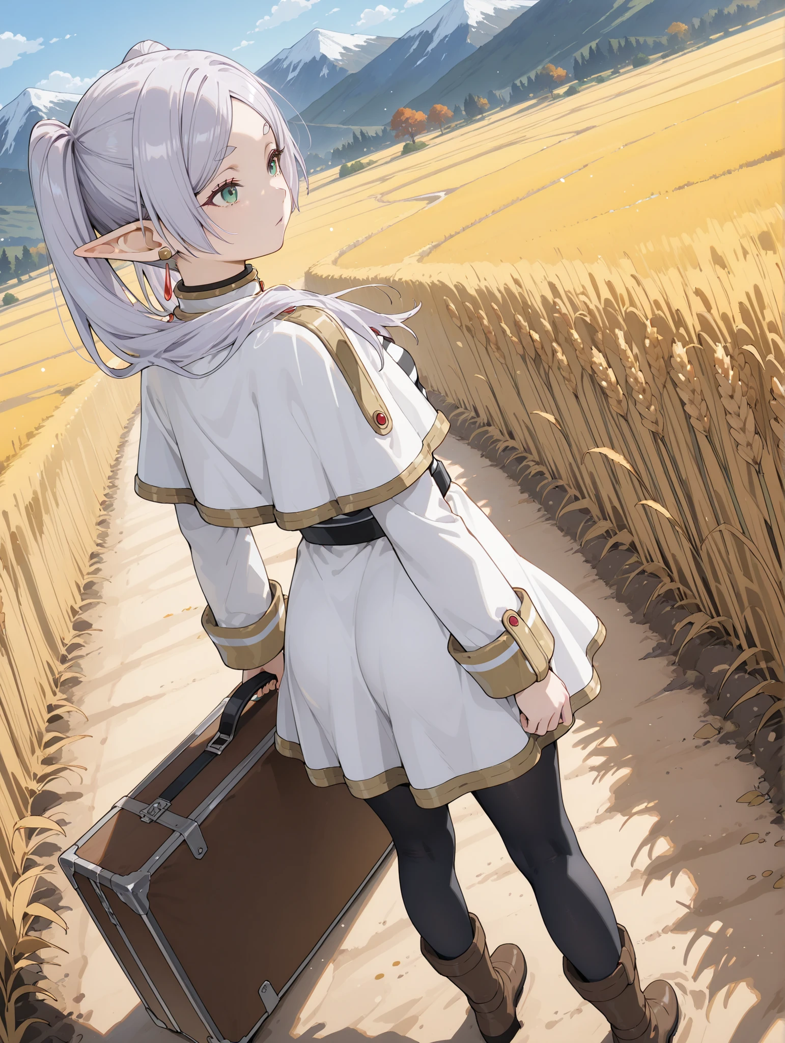 masterpiece,perfect anatomy,high resolution, ultra-detailed,beautiful detailed eyes,dutch angle,absurdres,1girl, solo, frieren, elf, pointy ears, grey hair, long hair, twintails, green eyes, small breasts, earrings, robe, striped shirt, belt, white capelet, black pantyhose,from behind,(looking afar),(holding Trunk Case),landscape,wheat field,mountain,autumn,dirt road,full body,