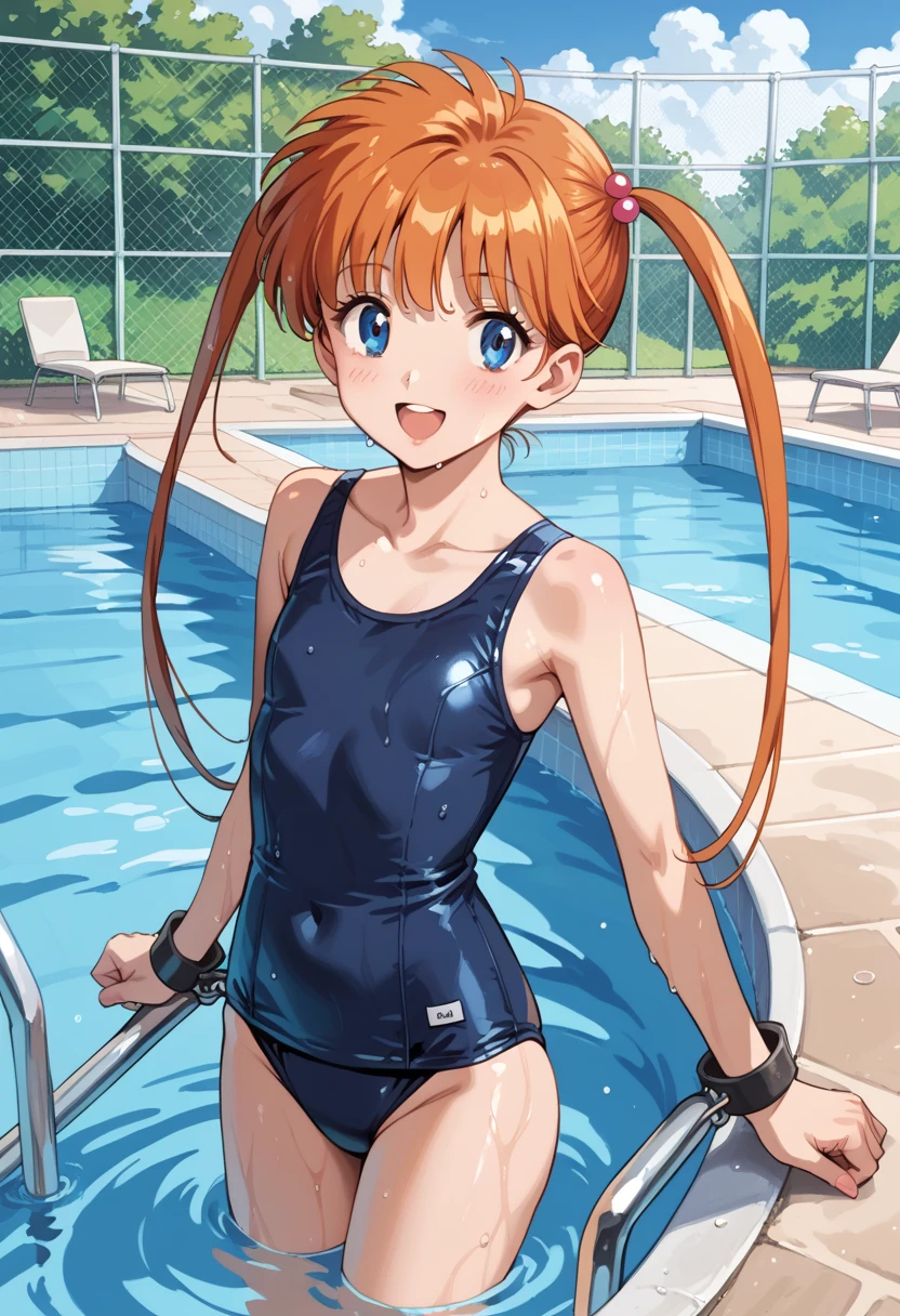 score_9, score_8_up, score_7_up, score_6_up, score_5_up, score_4_up, (source_anime), 1girl, neon genesis evangellion,( asuka langley soryu, small breasts, big Thighs, puffy nipples), far, full body, Swimming pool ,Revealing the breasts, Swimsuit, Wet, school