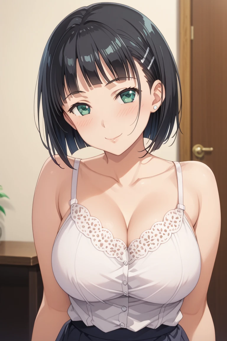 (Masterpiece, Best-quality, RAW-photo, Ultra-High-Resolution, Photorealistic, Very realistic human skin, Perfect and detailed human fingers, Sense of reality, Anatomically correct, NSFW),
(Thin waist and busty style body, Cleavage, Teat, 17-years-old, Realistic Japanese girl, short height, turn the body forward, Angle from below),
(maiko, Round face, Black hair, Black eyes, Moist and Mellow eyes, Short bob cut, Bangs, Down-slating eyebrows, one little earring),
(smile, See photographer, look at viewer:1.2),
Natural lighting, shorts, ノーパンティ,ノーブラジャー
(just the two of us)
perspective from above、プリーツスカート、ミニスカート