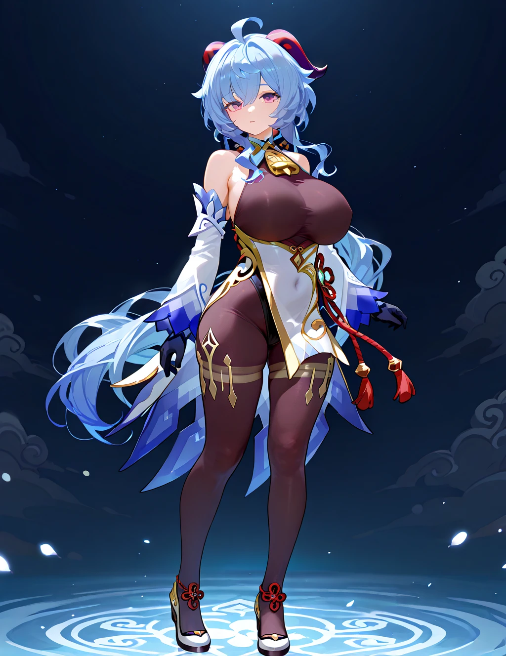 masterpiece, best quality, very aesthetic, absurdres, 1girl, mature_lady,pink_bodysuit,covered_nipple,hugging a cat,,ganyu,ganyu(genshin impact), horns, short blue hair,,rose,dark_background,  flower, ice_flower, icicle,,glowing stardust frontground,fantasy,sparkling,fireflies,from above