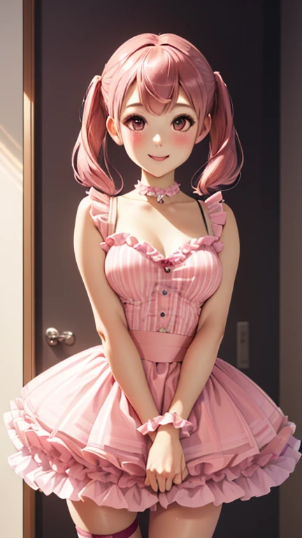close up, (cute and sexy girl,pink hair,bunny girl:1.1,ultra-realistic,best quality,4k,highres,masterpiece:1.2),detailed lighting,anime, blue school uniform and blue pleated skirt, school background blurred, kneeling