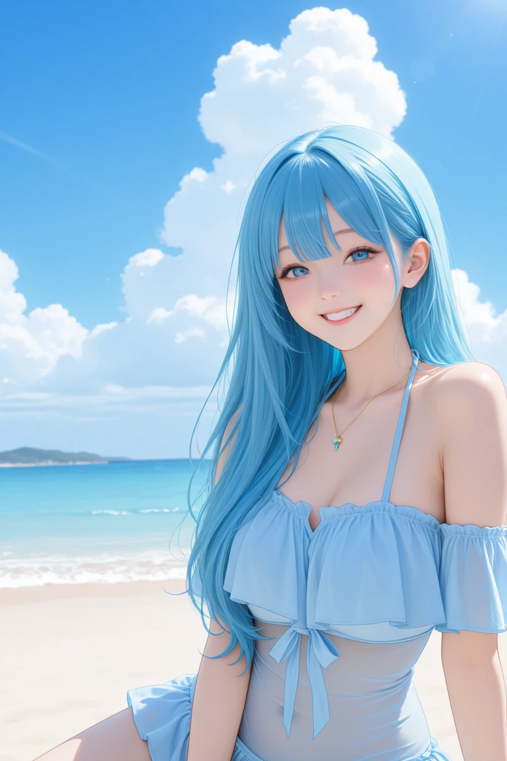 Best Quality,High resolution,8k,finelity detailed background,Masterpiece:1.2),beautiful girl,Shiny light blue hair,messy hair,Light blue eyes,Gentle look,A refreshing look,smile,Best quality,Best Quality,Aesthetic and aesthetic:1.2,Best details((Super detailed))(High-definition CG illustrations),string bikini,(polka monotone pattern dot bikini),Slender body,Ocean,beach,Daytime,Light of the sun,smile,blush,cute,Scrounge,Looking up,Being spoiled,super model,shoot from,below