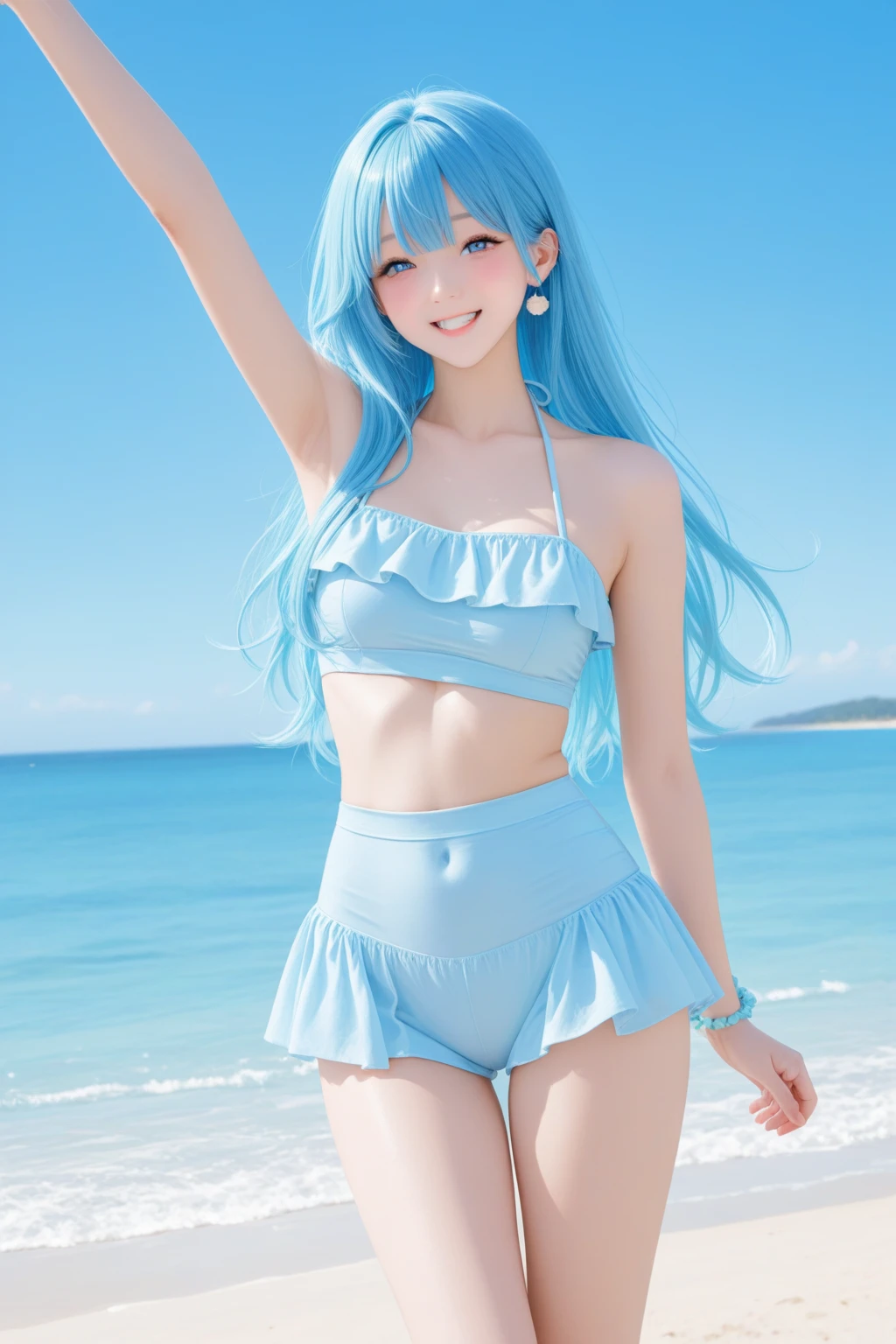 Arakfi girl posing for photo with blue hair and blue dress, Pale blue, pale-blue, Light blue, wearing two - piece swimsuit, blue soft details, cutecore, sakimichan, Sky blue, amouranth, shaxi, bralette, Open V chest clothes, Loli, sakimichan hdri