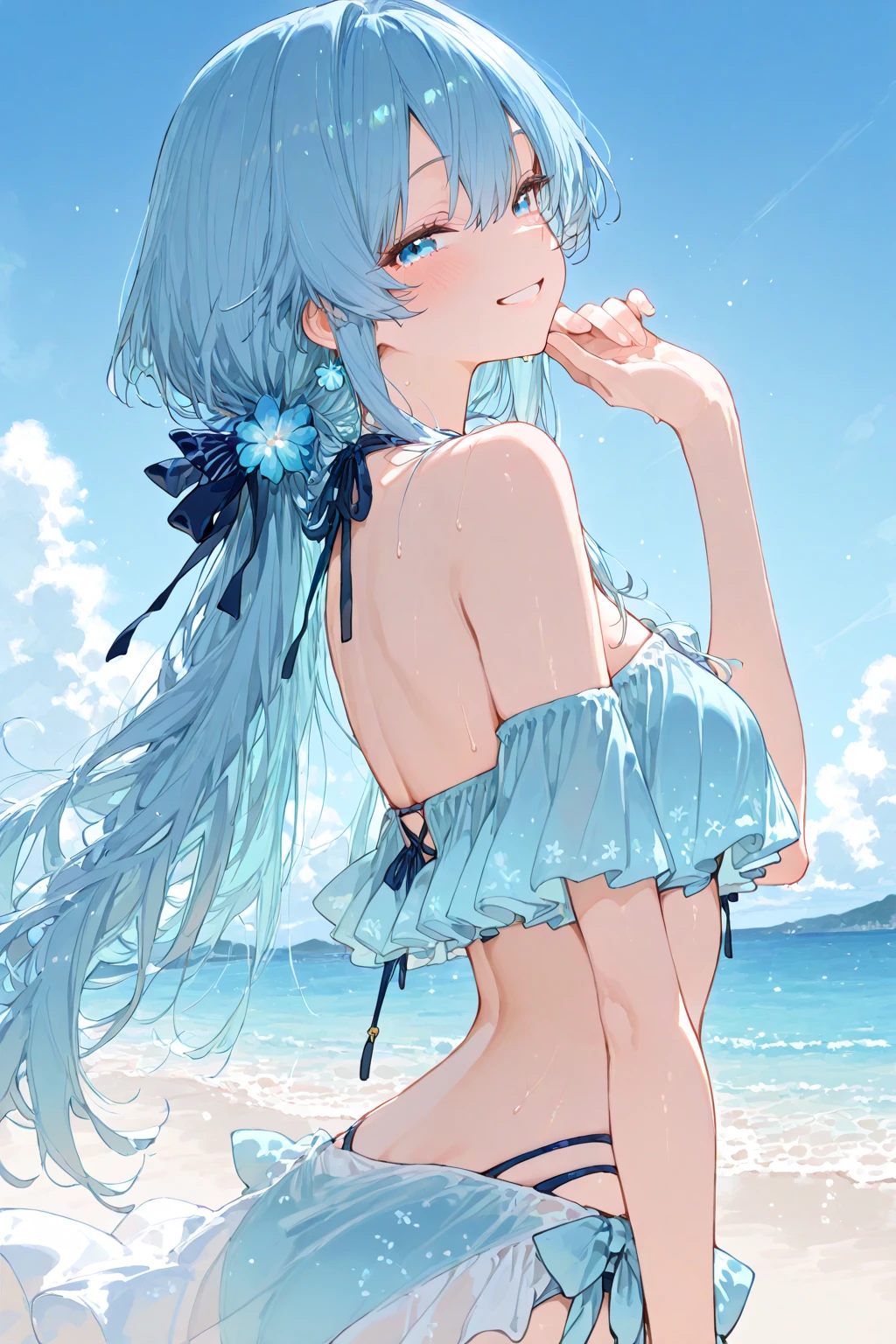 (pov Swimwear style) (beautiful body), (solo:2, 15 yo, forehead blue hair long hair lovely girl, cute blue eyes, ecstasy smile, love mode), (in a neat whit frills bikini swimsuit), break, in the Swimsuit changing room, background Double Exposure love hearts, BREAK, perfect anatomy, masterpiece, best quality, 16k, beautiful detailed love, sexy, daydreaming expression.