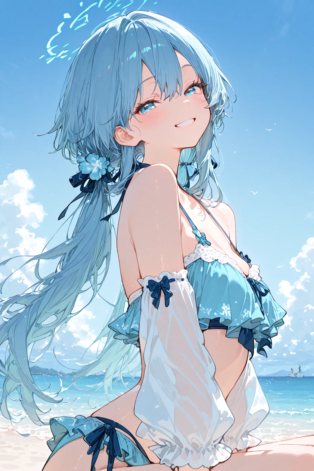(female): (((solo))), (perfect face), (detailed outfit), (20 years old), beautiful female, sitting, happy, (smiling),  blue hair, long hair, blue eyes, (bikini), (background):   (sandy beach): (masterpiece), (best quality), (sharp focus), (depth of field), (highres)