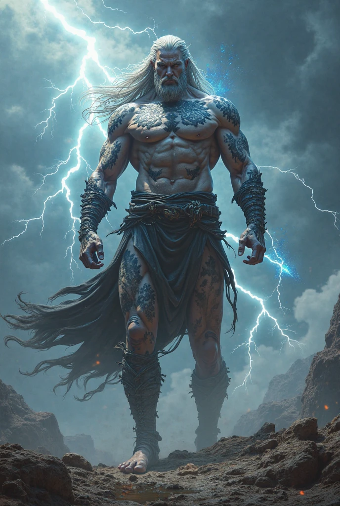 Painting with light and shade：Black humanoid creature made of rock, Upper part of the body, Shirtless, male people, ((tmasterpiece, Best quality at best)), Skin rupture, White electricity gushes out of the cracks, muscle men, (Dragonborn:0.6), exteriors，whaite hair, Detailed background depth of field