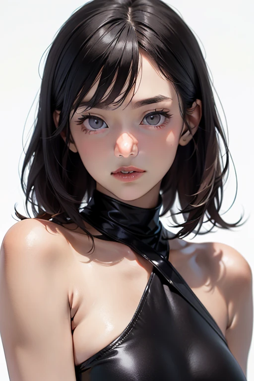 Beautiful girl with realistic black eyes, Pale skin, Medium black hair, Perfect Face, Perfect Eyes, Wearing a coat, Very detailed, General Movies, Digital Painting, 8k, Cinema Lighting, Highest quality, High resolution, well done!, Post-processing, Perfect results, Surreal,(((Revealing clothing))),Big Breasts, Browsing Caution