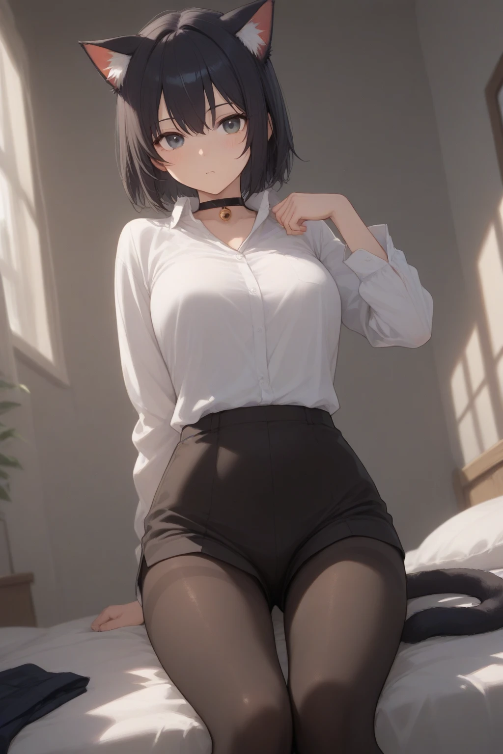 top-quality、masterpiece、20yr old、Bedroom、boyish、Boyish girl、Cool Girl、short-hair、A dark-haired、Masculine fashion、4k、8K、White shirt with peony open、Black panties on the lower body、Clear focus、A detailed eye、Natural smile、profile