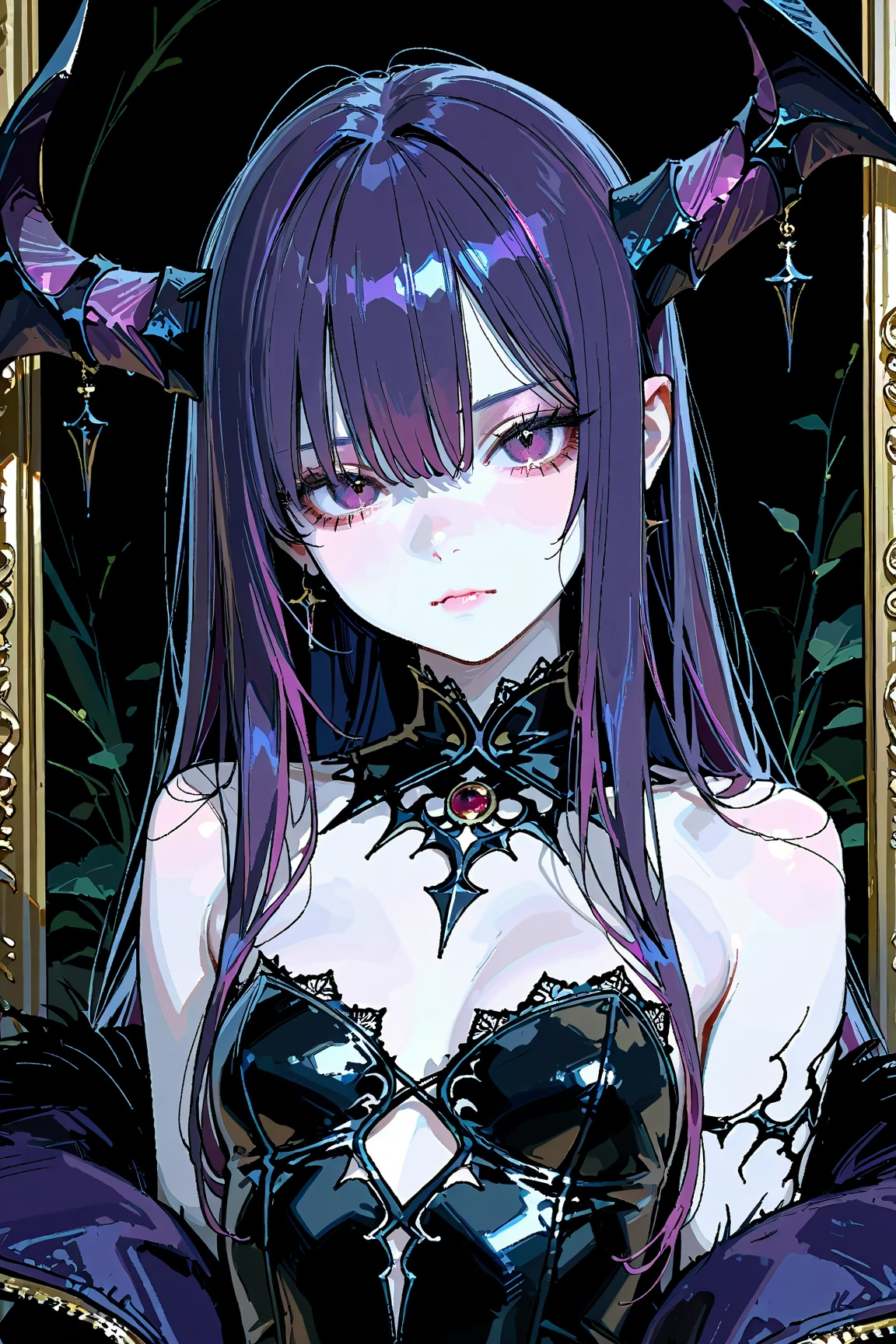 A young and busty demon princess, with glowing purple eyes and dark purple beautiful hair. Her crown fuses with her horns, giving her an angry expression. She wears a party gothic corset. The scene is set at night, in a mystical forest. The atmosphere is eerie yet alluring. The artistic medium is digital art, using vibrant colors and intricate details. Artists like Luis Royo, French Victoria, and art movements like Gothic art inspire this vision. Bat wing , lightning , Camera settings: digital camera, low light exposure, capturing the enchanting darkness.