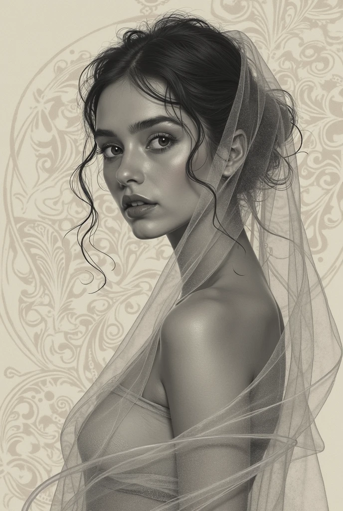 Hand drawn portrait of a young naked woman "rebecca" one rose petal on the nipples, Victorian era., post-impressionist style, minimalist brushwork, prosaic style, beautifully shaded, black ink on Manila paper,
