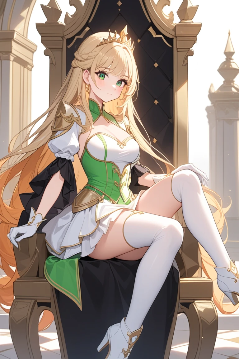 female, blonde long hair, blue eyes, elf, pointed ears, (((1girl))), (((green sleeveless regal dress))), (white corset), (gold crown), (green detached sleeves), (white stockings), (green heels), cute and sexy, full body, huge breasts, long legs, smiling