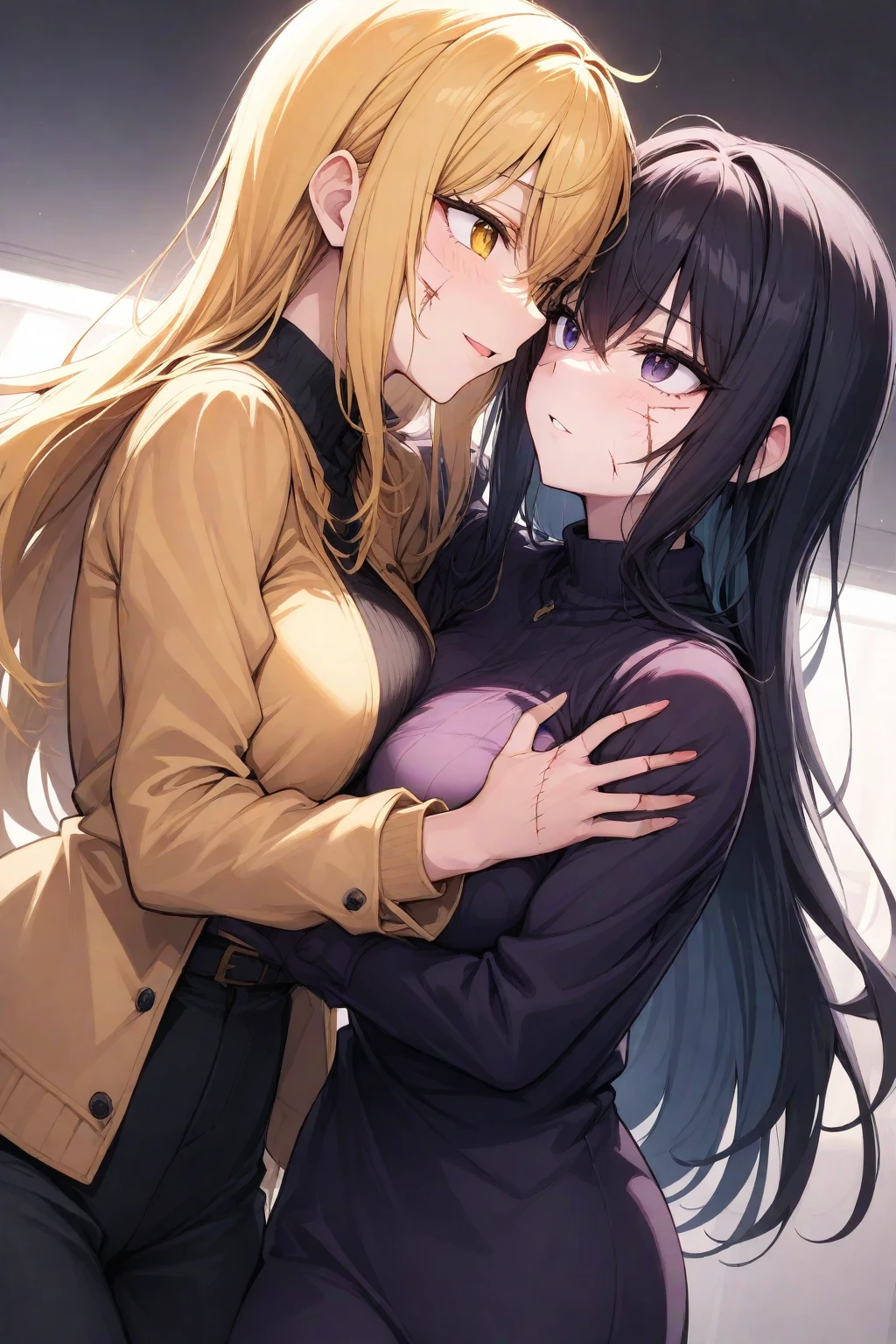 a tall woman with bangs and wavy hair, She is hugging a man with wavy hair with a strand of hair behind his right ear and also a strand of hair behind his left ear., his skin color is brown