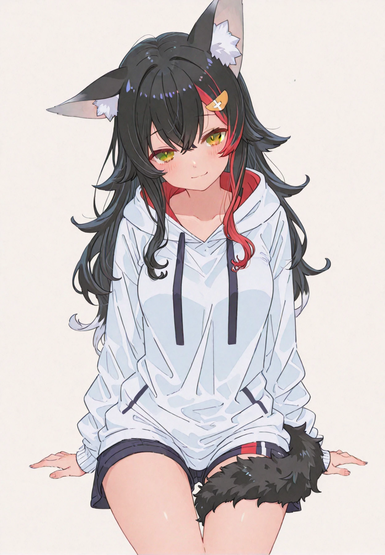 <lyco:last-000032:1.0>, osage, inabakumori, monochrome, hoodie, black thighhighs, looking at viewer,