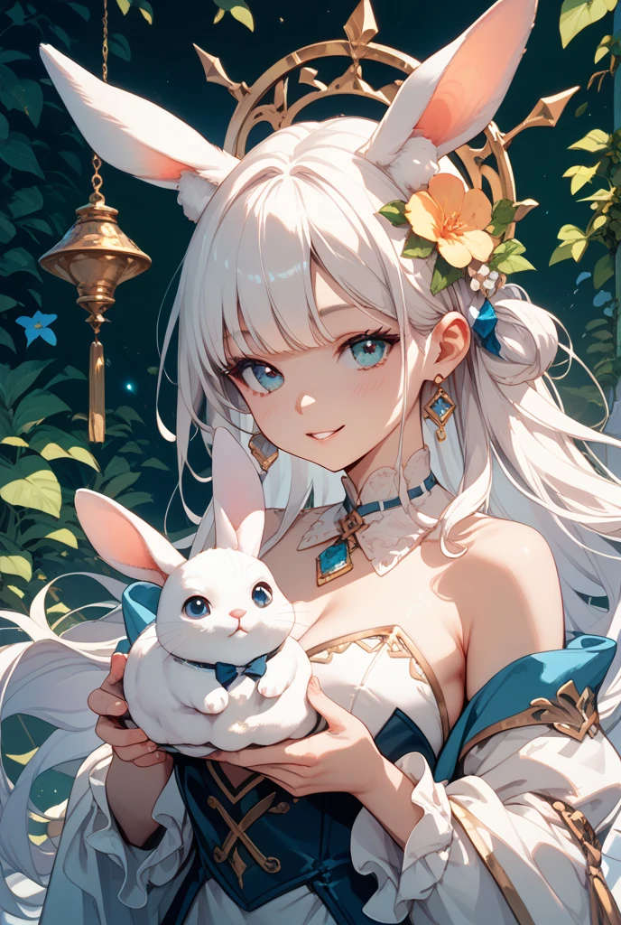 master-piece,hyper quality, hyper detailed,perfect drawing,1 Beautiful Girl、(((Holding a large bouquet)))、(((White bikini)))、((Rabbit ears))、((Rabbit tail))、Rabbit palm、Rabbit's foot、Rabbit's fingers、Big eyes with double eyelids、、white  hair、drooing eyes、Height 65cm、MeasurementsB95W60H90、fluffly、Kneeling、pow pause