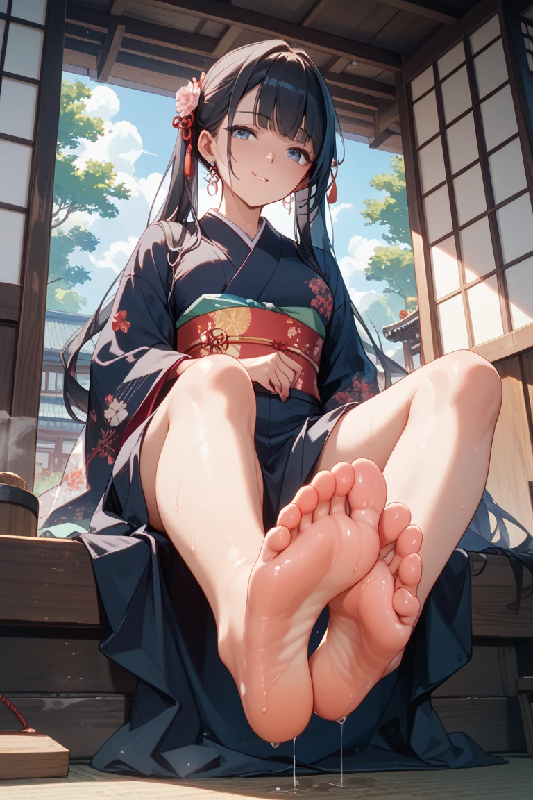 (A cute girl,Sit barefoot,Reveal her delicate feet),Barefoot,Long narrow eyes,A look of disdain,Beautifully designed traditional Japanese costumes,Rich in patterns,Silk fabric,Soft and shiny fabric, Vibrant colors,Floral embroidery and gold thread,flowing short dress,Long sleeves,elaborate detail,White and tender feet,Five toes,Details of the soles of the feet,Petite feet,Minimalist background,subtly lit,Photorealistic style,Vivid colors,Detailed rendering,high resolution,4K quality,Sharp focus.