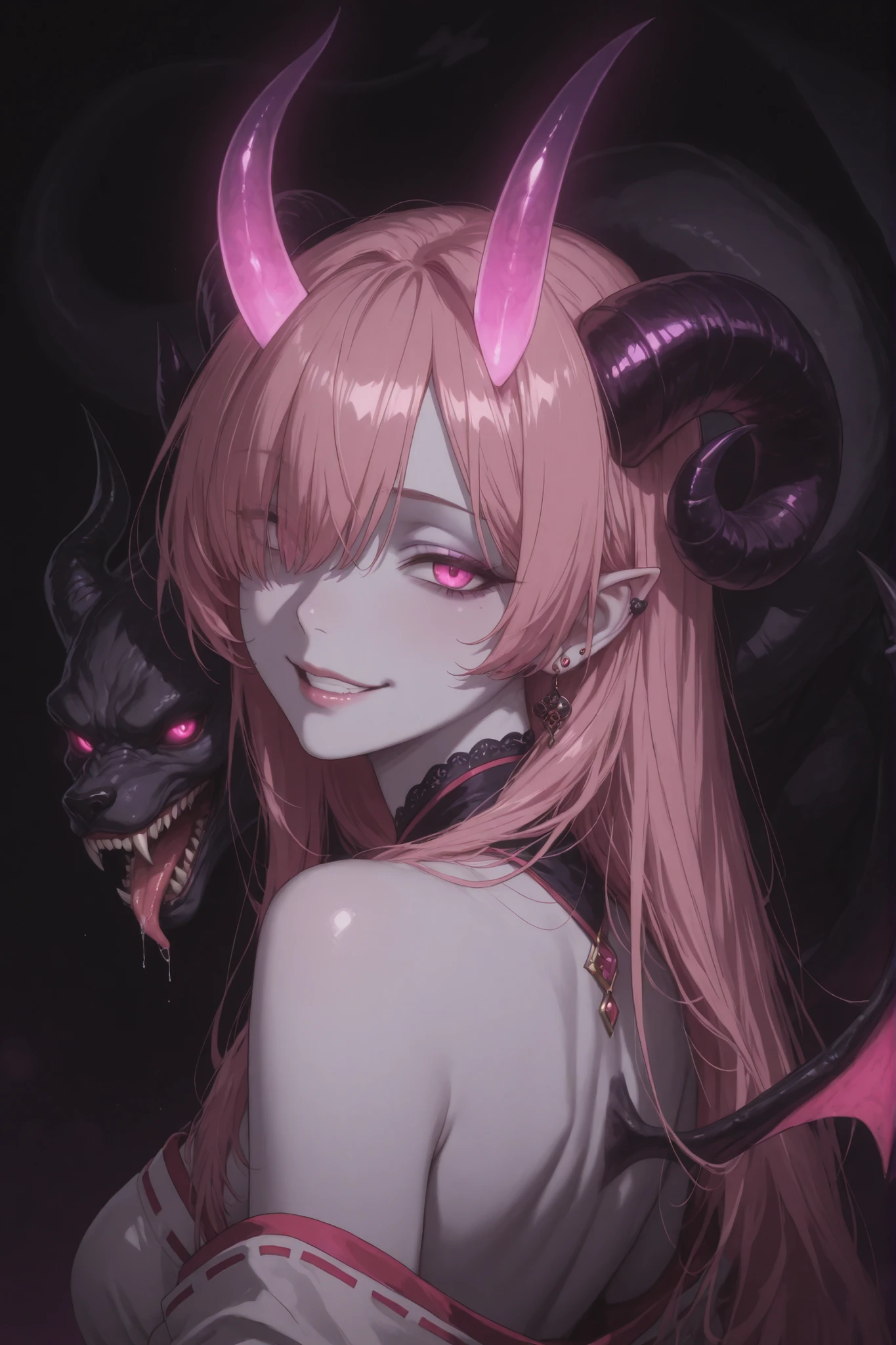 In a dark, purple world, illuminated by a dim, hellish glow, stands a captivating demon, radiating a mixture of danger and seduction. Her long, flowing pink hair dances like silken tongues in the wind, cascading over her shoulders and back. A few wisps of hair dangle above her right eye, adding mystery to her piercing gaze.
Her eyes are sharp and bright, a deep pink, brimming with cunning and defiance. A sly, sideways smile tugs at her lips—both confident and dangerous.
Atop her head, two elegant, spiraling horns curve gracefully backward, black with subtle pink highlights, like artifacts sculpted by darkness itself.
From her back extend two large, dark, demonic wings with pale purple edges. Half folded, they glow faintly, hinting either at escape or an imminent strike.
She's dressed in Japanese shrine girl clothes, fitting her, enhancing her bold and devilish allure—not vulgar, but bold and powerful.
Her skin is pale and smooth, her posture is proud and confident. She needs no words; her mere presence says, "Do you dare come closer?"