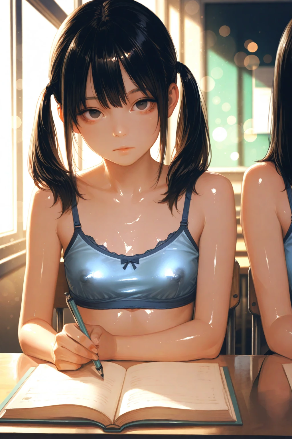 A boy in a hugs me from behind、Big Breasts、Cute light blue bra、Plain white, soaked with rainTshirt、The bra is see-through、Cute light blue string underwear、A girl is hugged and kissed by a tall boy in gym clothes、classroom