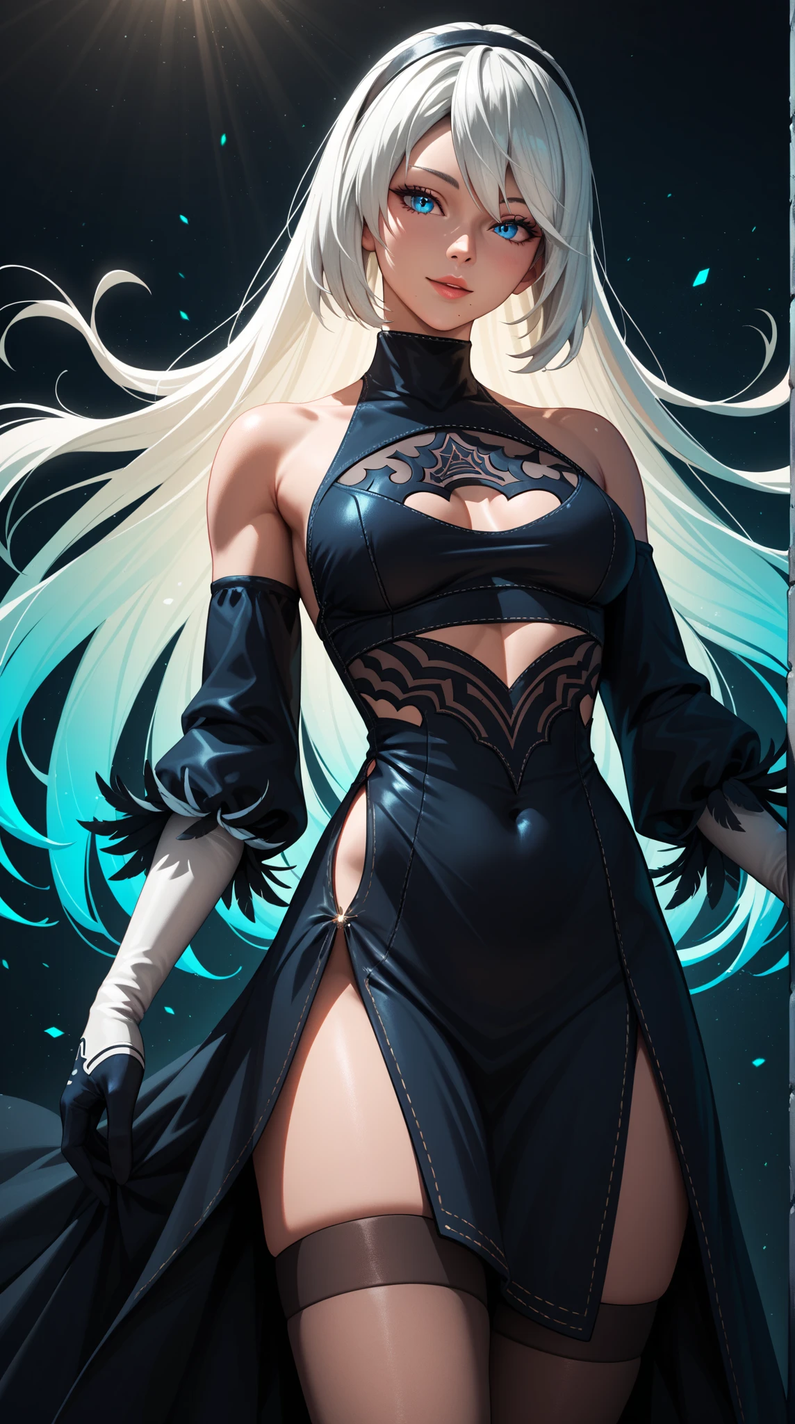 masterpiece, high quality, 4K, HDR,, A female knight wearing an armored dress BREAK Black halo above head, black horns on head, black dragon tail growing, large black wings on back BREAK Silver hair in an updo hairstyle with blunt bangs, long hair, disgruntled expression, crimson eyes, narrowed eyes, sharp teeth, slightly pointed ears, slightly open mouth BREAK Athletic, toned body, medium breasts BREAK Standing in a dramatic pose against a dark, ominous background