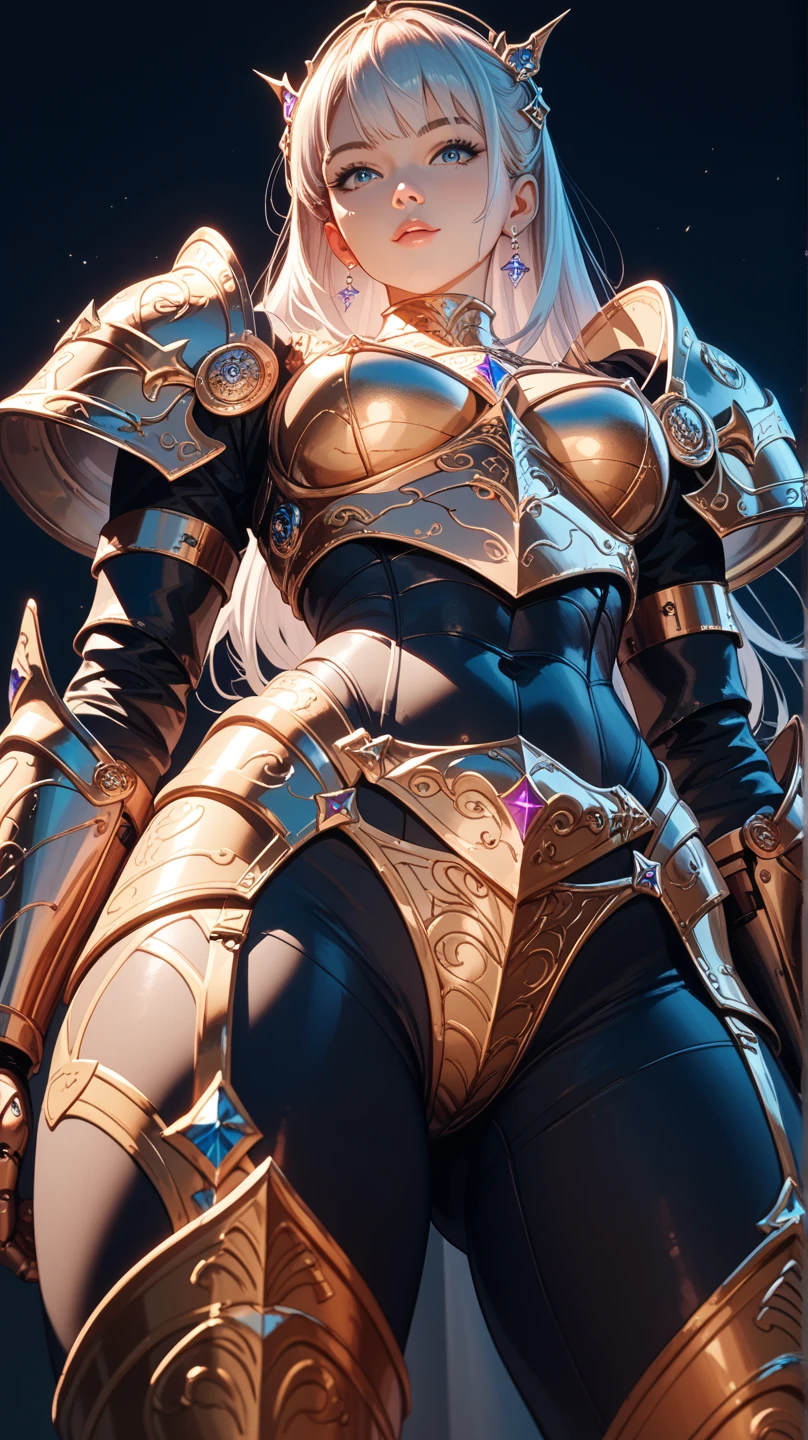 Award-winning high (1 girl: 1.2) concept art in silver shiny gorgeous armor in desert, epic, God ray, centered, (masterpiece: 1.2), (best quality: 1.2), stunning, highly detailed, beautiful chest, fine details, warm soft color grading, depth of field, extremely detailed 8k, art, stunning, iridescent, shiny, (light reflection: 1.2), (back: 1.5), toned big buttocks, sun exposure, edge inspection too