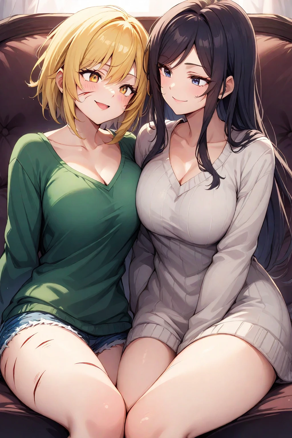 (Tabletop, highest quality, High resolution, , Perfect Pixel, 4k,), 1 girl, single, alone, Beautiful woman、I could see the whole body、 ((Black Hair)), ((Green Eyes, Beautiful eyelashes, Realistic eyes)), ((Detailed face, blush:1.2)), ((Smooth texture:0.75, Realistic texture:0.65, Realistic:1.1, Anime CG Style)), Medium breast, Dynamic Angle, Perfect body, ((, beige off shoulder sweater、Tight denim skirt、Black Stockings、Cute Necklace、Earrings、)), Upper grades、A shy smile、Luxury hotel room、Lie on your back in bed、((Leg spread))、Angle from below、Cross your arms to highlight your cleavage、、((Pink lace panties are visible))、
