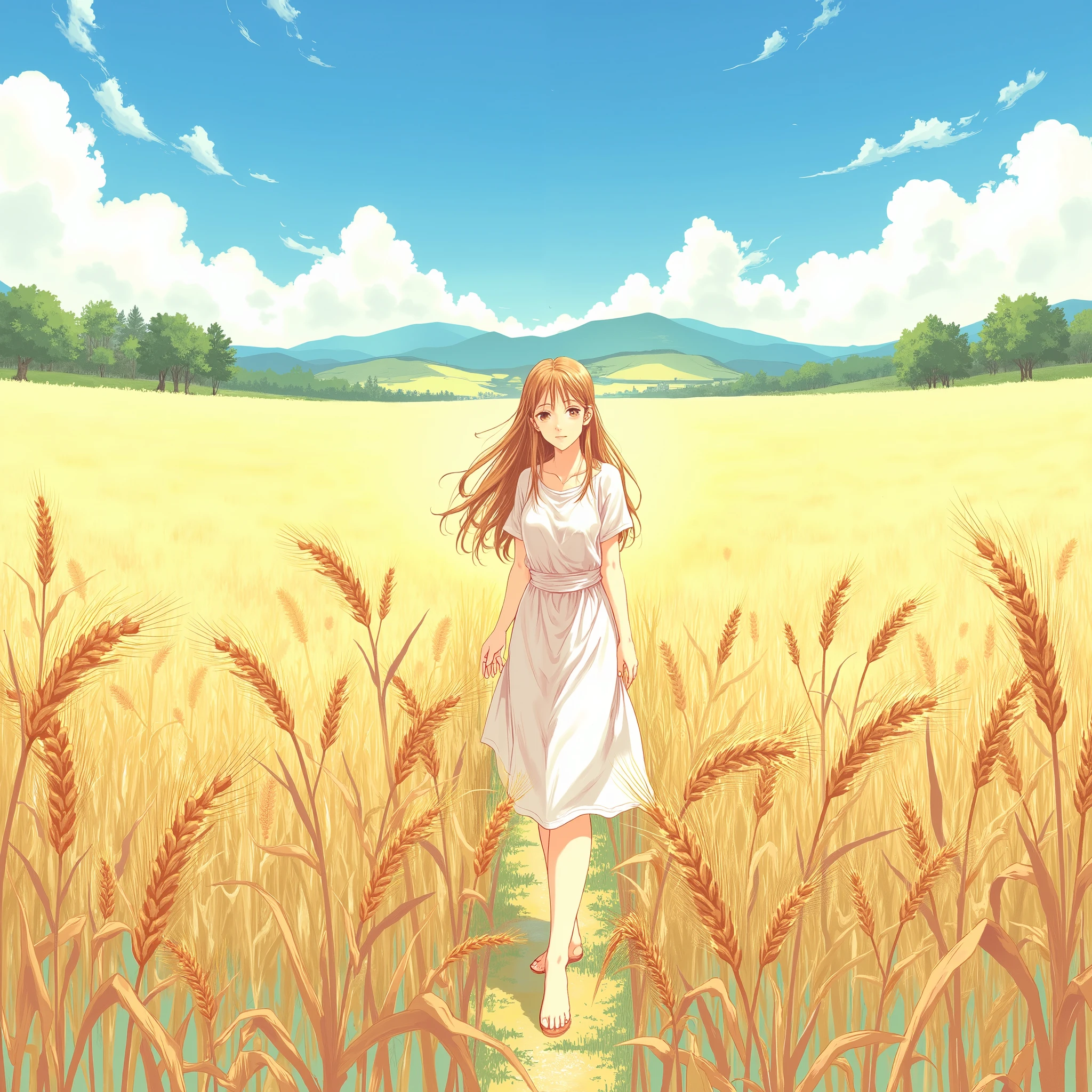 A girl in a beautiful field with wheat, detailed, detailed, clear, best quality, Anime style,