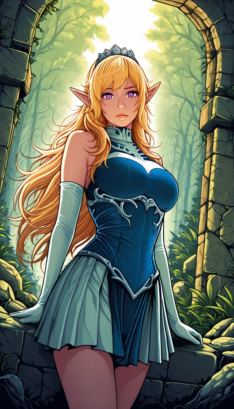 A Mature Woman with long hair in blue and white clothing holding a modeling pose, warrior, Zelda, full body Portrait of Zelda, Zelda legend, Photos cosplay, Ornate Cosplay, Professional Cosplay, Cosplay, Full Cosplay, Artgerm Moody Photography, Princess Zelda, Zelda as Triforce, Hyrule, Anime Garota Cosplay, ray-traced, 3d-render, extremely detailed, high quality, realistic light and shadow, hair loiros, eye reflection, slight smile, (Ultra Quality,Unparalleled Masterpiece:1.4)Overwhelmingly Pixel-Perfect,Ultra-Detailed CG 4K,(Ultra-Detailed Clear Absurdly-Vivid Jade Big Eyes:1.2),Gorgeous Round Detailed Face(Voluptuous:1.4)Elf(big Breasts:1.8)(Voluminous Long Blonde Hair: 1.4),ADULT(Bangs, Sidelocks:1.2)Seductive(intricately detailed white dress:1.3)(Zelda)(Celestine Lucullus: 1.2)(Solo:1.4)(1Girl: 0.5)(Facing Viewer:1.2)(arms behind back:1.2)(Cowboy Shot:1.2)(from above:1.1),Skindentation(Curvaceous:1.4)(Curvy:1.4)(Bimbo: 1.4)(Normal Waist: 1.2)(Thick Lips: 1.3)small-nose(light smile: 1.2)Rocks,Trees, Plants,Bush,Color Graded, dress as sailor venus