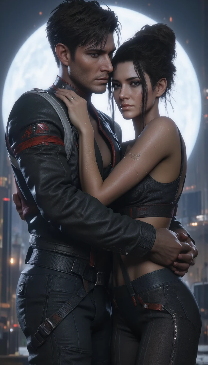 Resident Evil，Leon male，Holding Jill girl，deep kisses。Hold tight，Exposing the abdomen。Sunset desert in the background。Live action，cinematic ligh。 Warm yellow， --auto