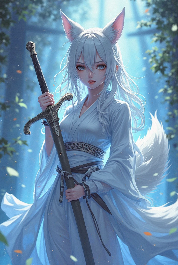 Angel with spear of light big hair white hair reluctant hair golden yellow eyes flying over a waterfall in front of a huge red dragon angel big hair spear of light in his hand big dragon rpg