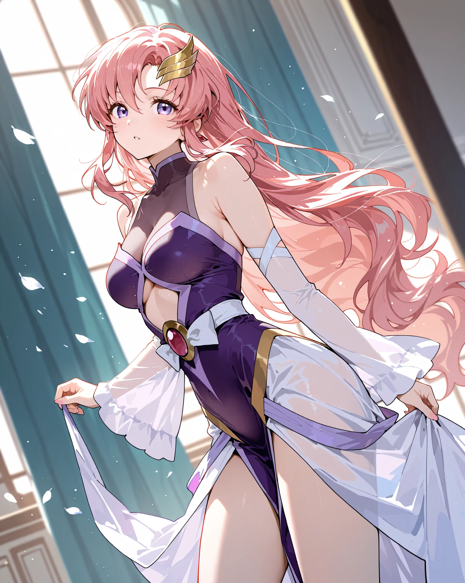 (masterpiece:1.3), (best quality:1.1), (8k, ultra detailed, ultra high res:1.2), ((anime style)), perfect 5 fingers, perfect anatomy, 
1girl,
BREAK long hair, 
pink hair, 
purple eyes,  
long dress, white dress, long sleeve, frill, frill skirt, detached sleeves, shoulder hole tops
looking at viewer, smile, standing, 
(cowboy shot1.5), 
perfect light, 
(detailed background:1.2), space, sun, star, moon, the cosmos, galaxy, 