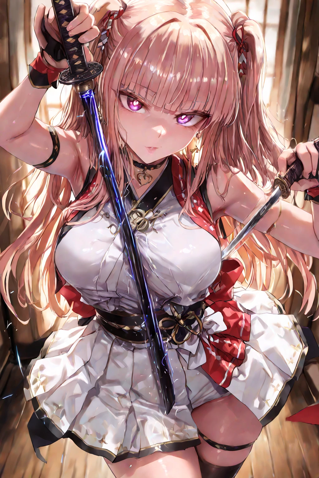 Highest quality, 8k, masterpiece: 1.3, One girl, beautiful girl)), cute, dynamism, Detailed face, Detailed skin, Detailed clothing, Detailed eyes, Detailed lips, Detailed tongue, Detailed fingers, Mouth details, Realistic, RAW Photos, High resolution, Natural light, Dynamic pose, Perfect Anatomy, Toned Legs, double eyelid, Tear bags, Round eyes, Moisturized lips, Sweaty,Blonde and pink hair, , Red Eyes, Straight hair, Swept-apart bangs, Gradient Hair, View your viewers,Embarrassed expression、blush、Shining Sweat、Perfect Skin,Sweat is noticeable in the cleavage、Sweating on thighs is noticeable、 Fair skin,Tight waist, Sweating profusely、Sweaty hair、Sweaty clothes、Sweaty、Visible sweat、Sweat-soaked hair,japanese kunoichi costume、No sleeve、ponytail、The dynamic movement of holding a sword、