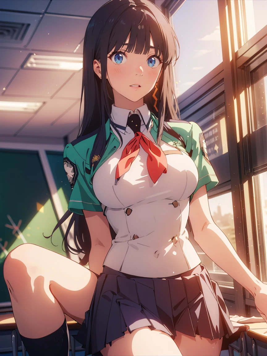 sitting in class with crossed legs, facial expression full of lust, wearing a very mini green skirt, wearing a school shirt with a green collar with wide open cleavage, has a beautiful body, curvaceous, sexy, the atmosphere in the private class is quiet, lighting a little sky blue