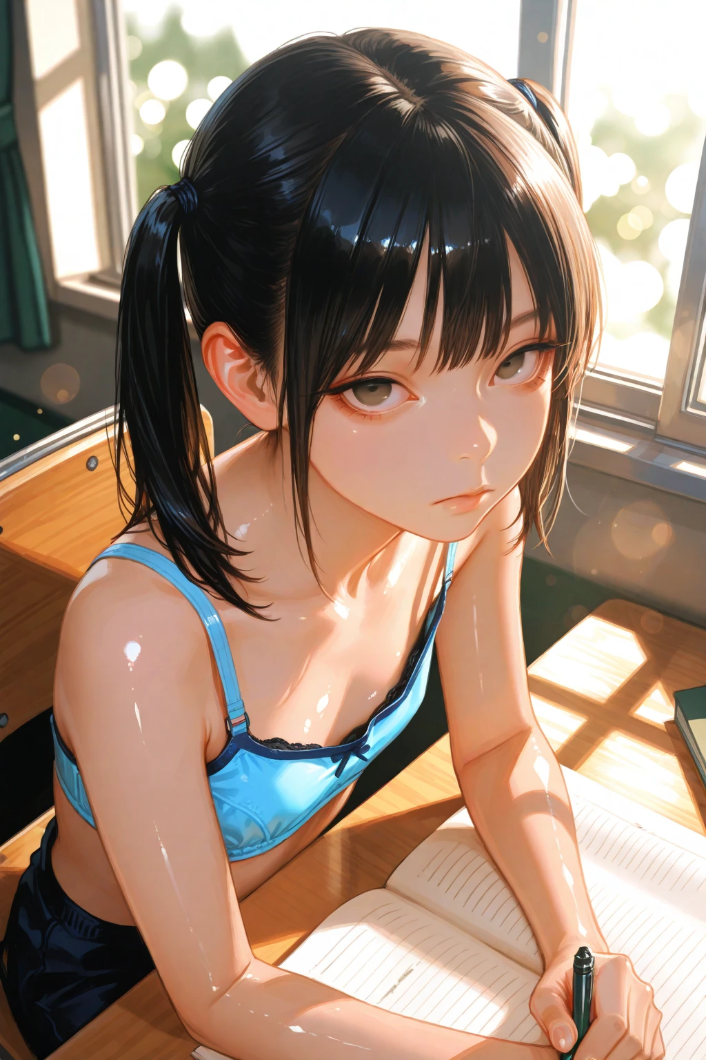(A hyper-realistic), (illustratio),(hight resolution), (in 8K), (ighly detailed),((suggestive pose)), (The best illustrations),(((school classrooms:1.4))),(Cute little girl s),(very, Very petite),(Beautiful detailed big eyes),(Diamond Face),(Detailed petite limbs),(Slender detail legs)(Detailed leg count(2),(Detailed number of fingers on the hand(5)),(Clean detailed fingertips),(Normal nose),(Detailed nose and mouth),(top-quality), (ultra-detailliert), (masterpiece),(masutepiece), (Micro bikini only:1.4), ((Wet and sheer white micro bikini)),(Precision skin), (T-back micro bikini),(Small breasts:1.1), 11 years old, Glasses, Bob Cut Hair, (Brown hair), hair blowing in wind, (Trollface:1.3), (In a classroom crowded with students), (Sit at the pulpit),(Spread legs wide)、(can see through),(can see through),((teats see through))