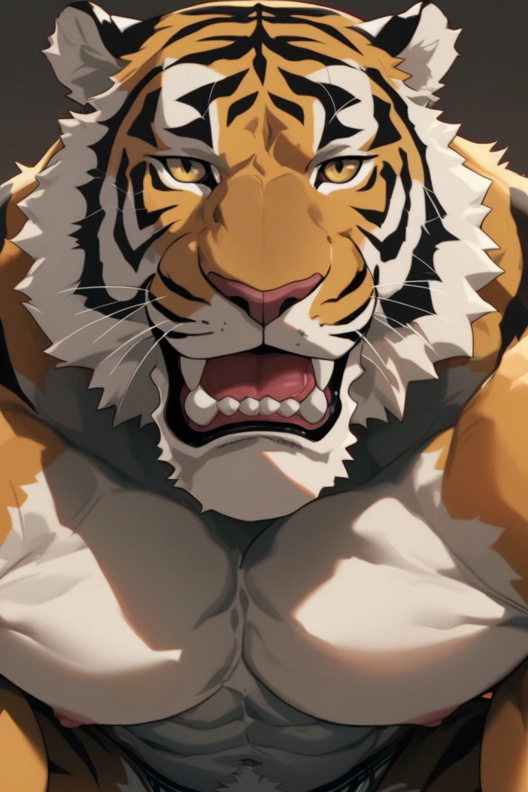 anthro, bodily fluids, fur, bulge, blue shorts, looking at viewer, lying, male, multicolored body, multicolored fur, muscular, (musk clouds:1.2), navel, on back, pecs, precum, (hard breathing, tongue out), solo, two tone body, two tone fur, by Pixelsketcher, by Bayard Wu, by Thomas Benjamin Kennington , by Einshelm, by Chunie, (arms behind head), (both arms behind head),, (lin hu:1.1), (exhausted, sweat, bruised:1.6), in the boxing ring, boxing glove, (beaten down, swollen cheek:1.4)